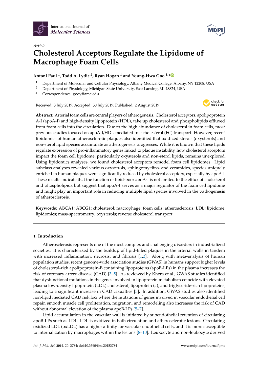 Cholesterol Acceptors Regulate the Lipidome of Macrophage Foam Cells