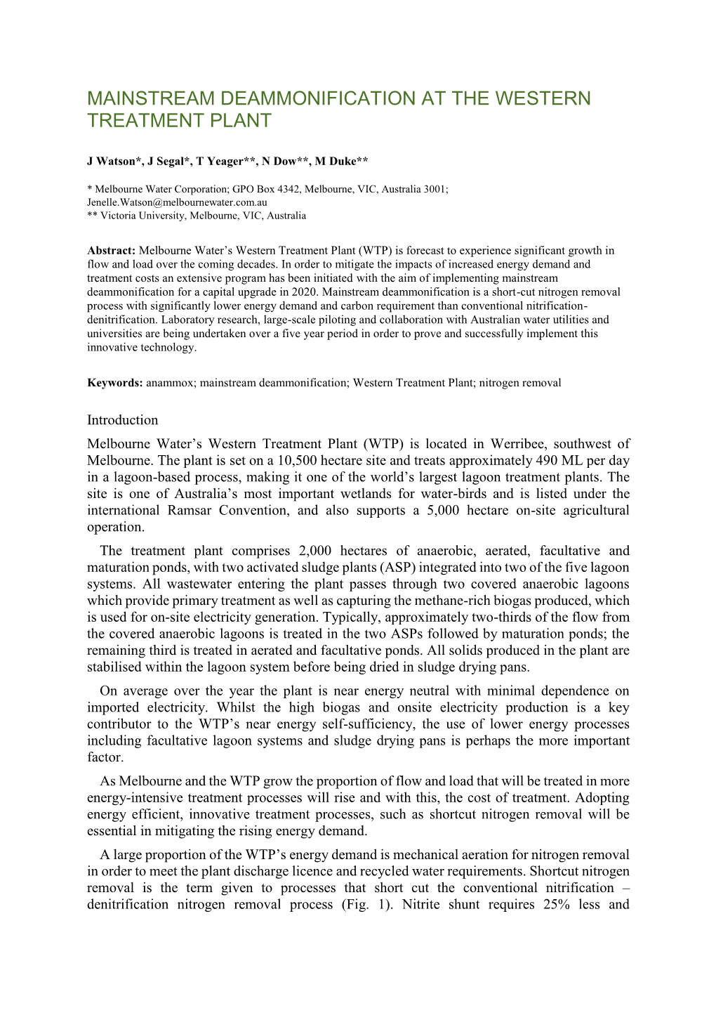 Mainstream Deammonification at the Western Treatment Plant