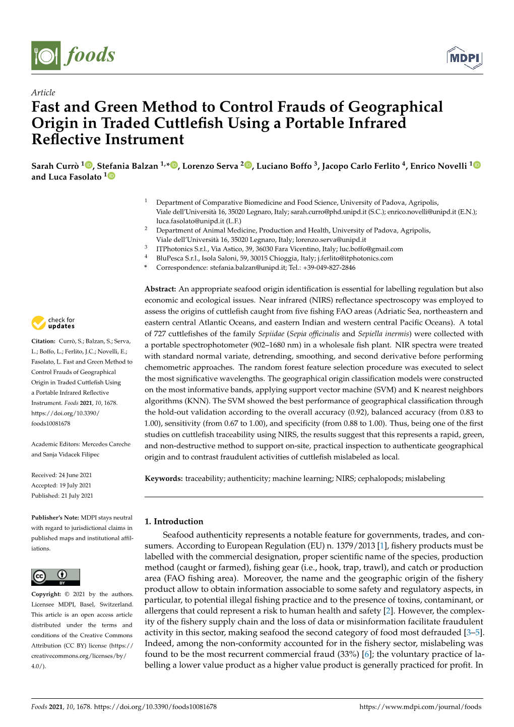 Fast and Green Method to Control Frauds of Geographical Origin in Traded Cuttleﬁsh Using a Portable Infrared Reﬂective Instrument
