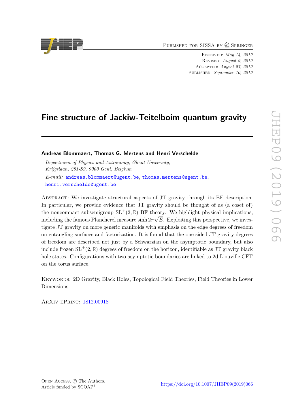 JHEP09(2019)066 Springer May 14, 2019 August 9, 2019 : August 27, 2019 : : September 10, 2019 : , Revised Received Accepted Published