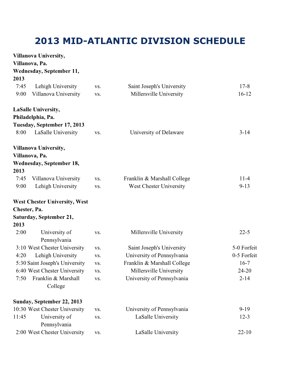 2013 Mid-Atlantic Division Schedule