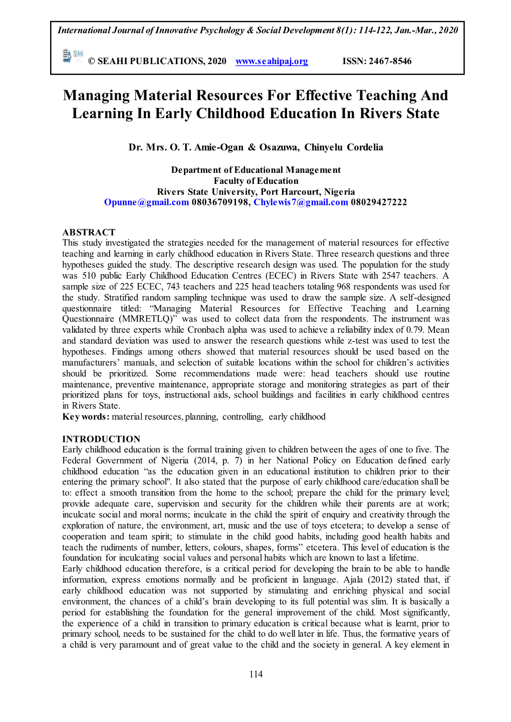 Managing Material Resources for Effective Teaching and Learning in Early Childhood Education in Rivers State