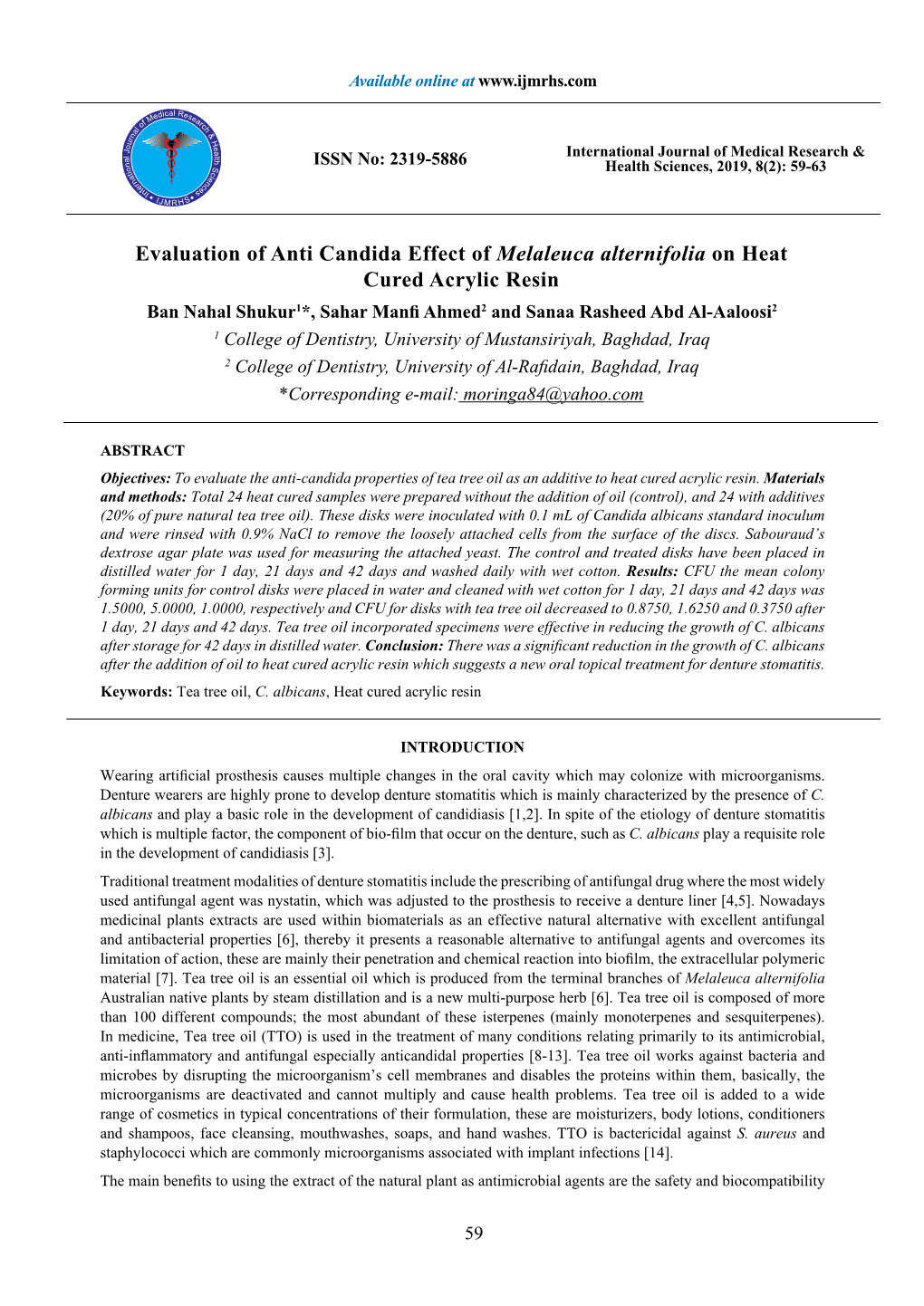 Evaluation of Anti Candida Effect of Melaleuca Alternifolia on Heat