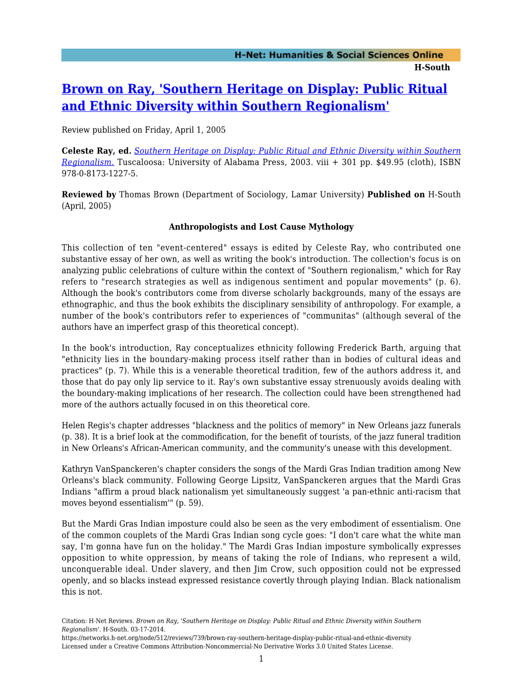 Brown on Ray, 'Southern Heritage on Display: Public Ritual and Ethnic Diversity Within Southern Regionalism'