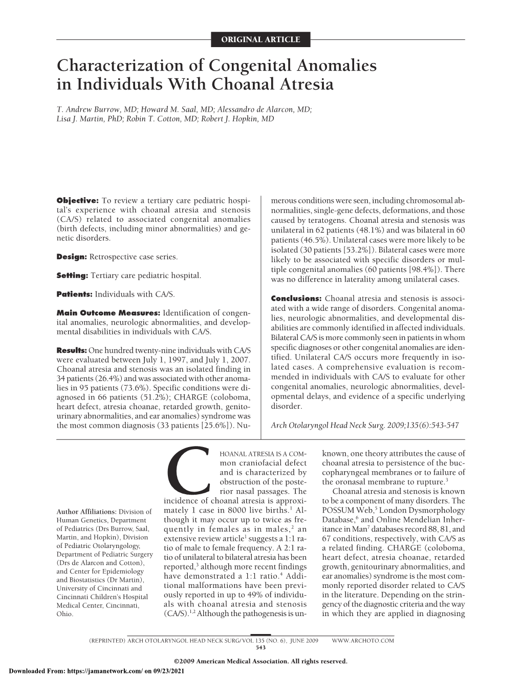 Characterization of Congenital Anomalies in Individuals with Choanal Atresia