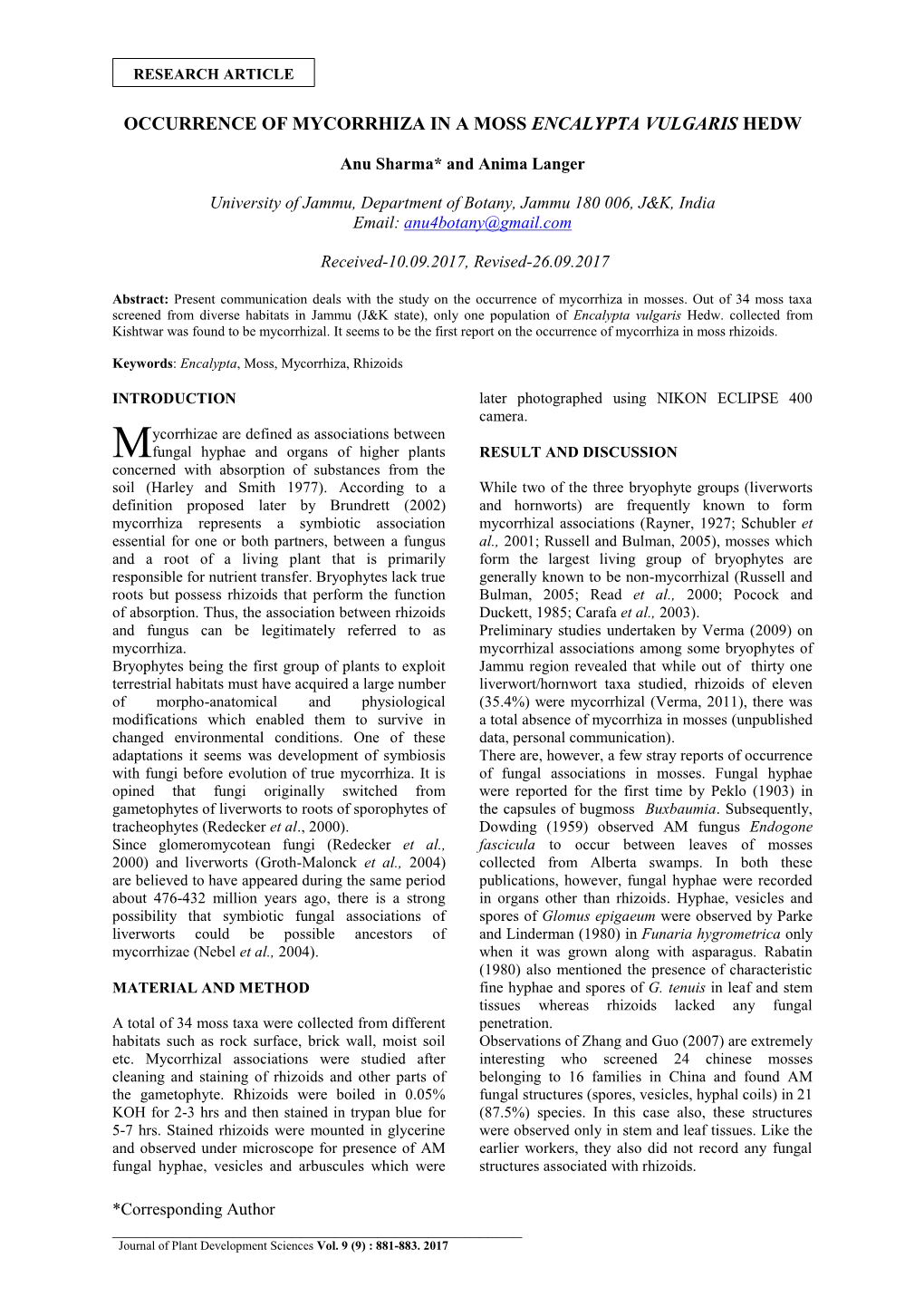 Occurrence of Mycorrhiza in a Moss Encalypta Vulgaris Hedw