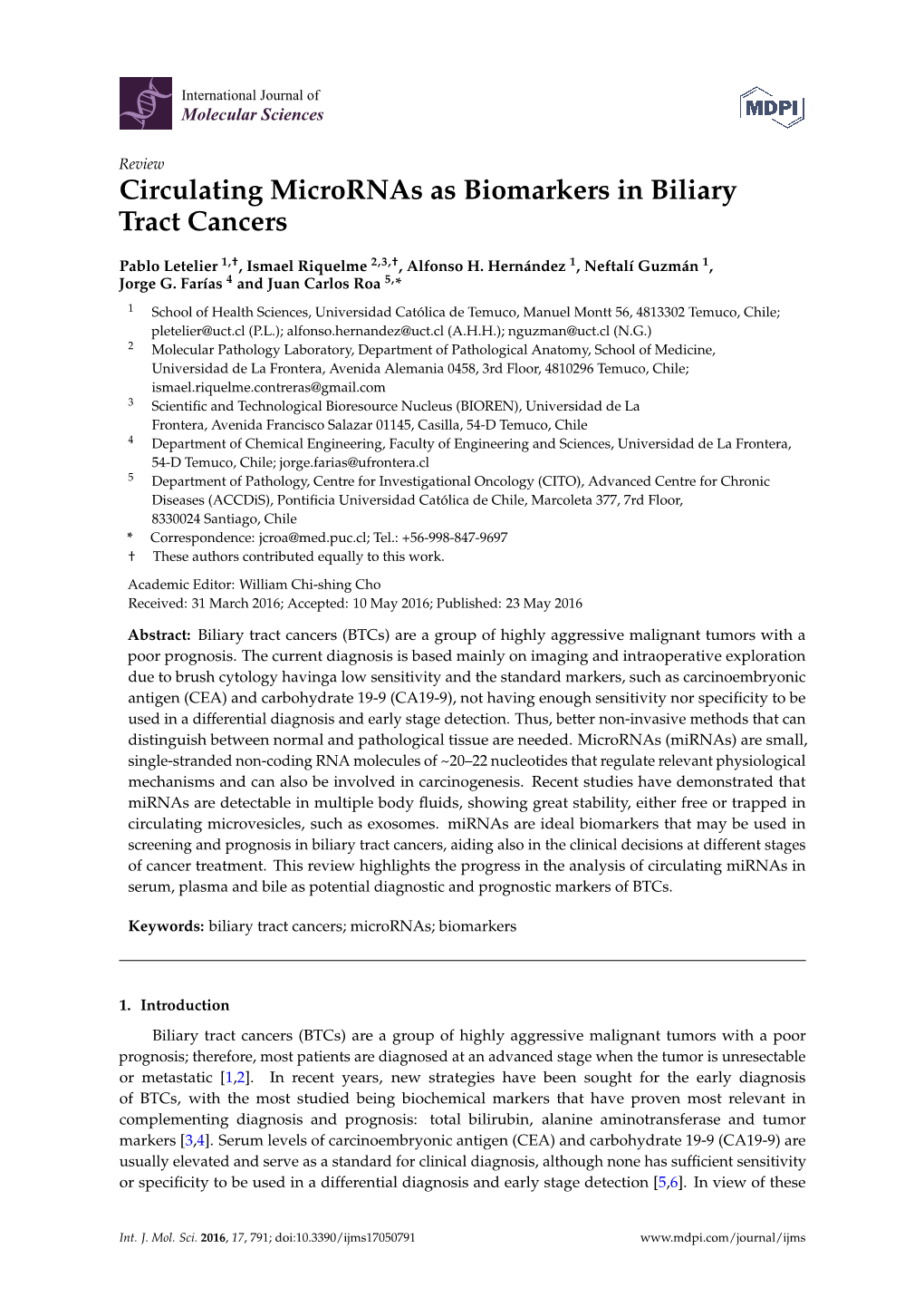 Circulating Micrornas As Biomarkers in Biliary Tract Cancers