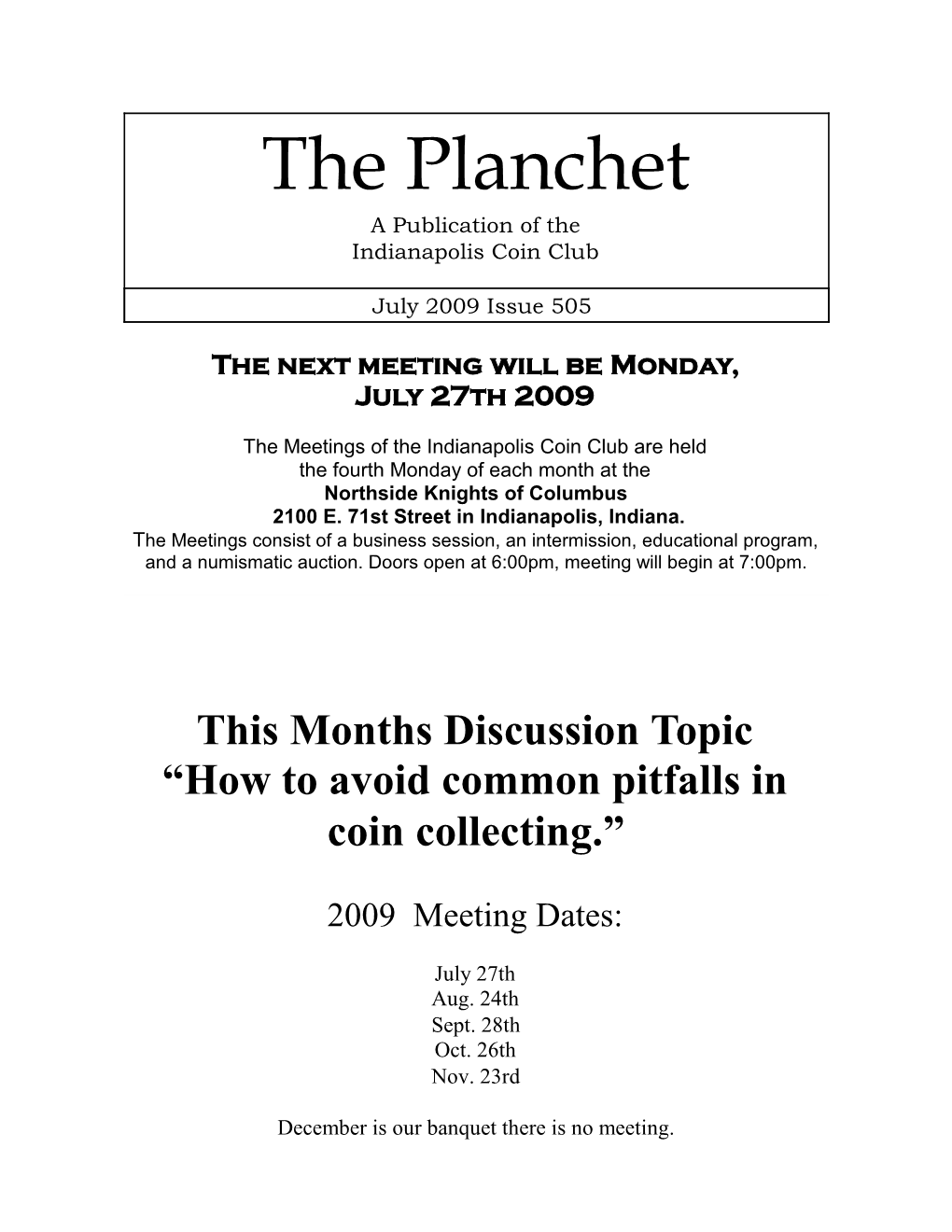 The Planchet a Publication of the Indianapolis Coin Club