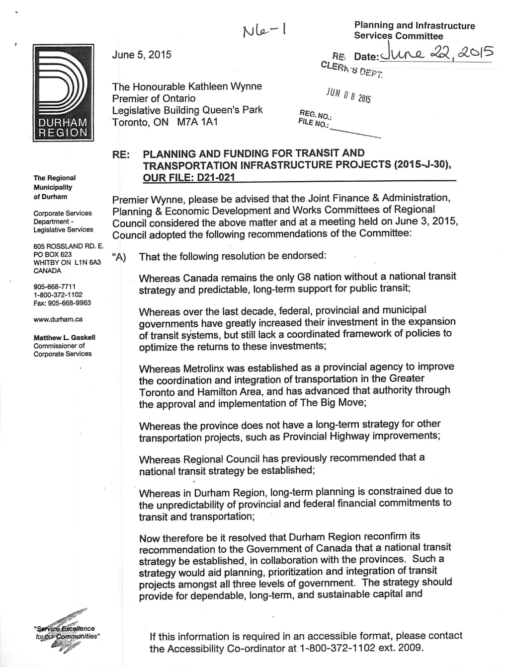 Planning and Infrastructure Services Committee Item N6 for June 22, 2015