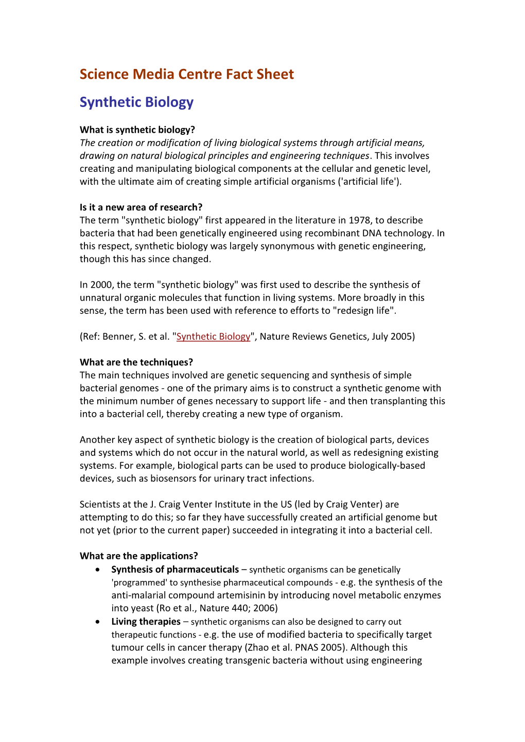 Science Media Centre Fact Sheet Synthetic Biology