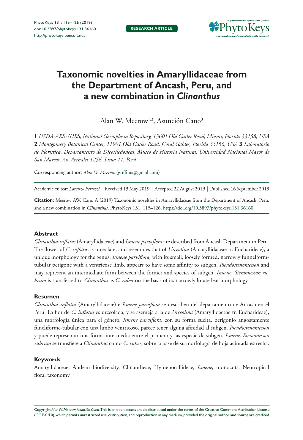 Taxonomic Novelties in Amaryllidaceae from the Department of Ancash, Peru, and a New Combination in Clinanthus