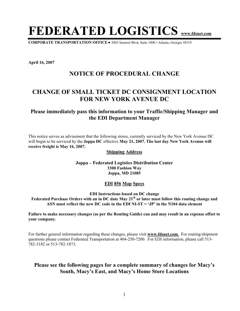 FEDERATED LOGISTICS CORPORATE TRANSPORTATION OFFICE • 3003 Summit Blvd, Suite 1000 • Atlanta, Georgia 30319