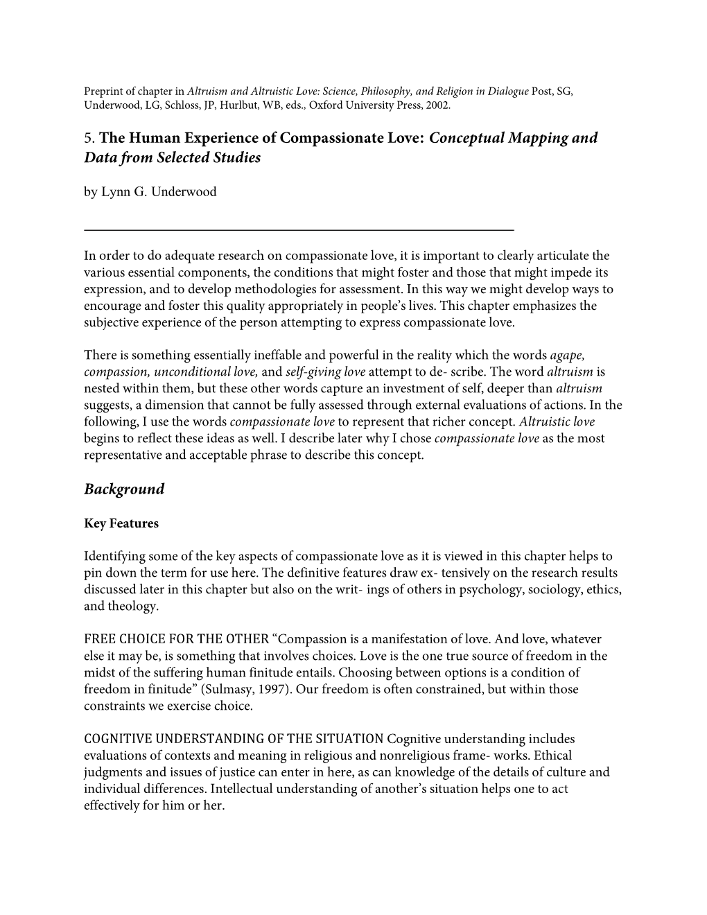 5. the Human Experience of Compassionate Love: Conceptual Mapping and Data from Selected Studies by Lynn G