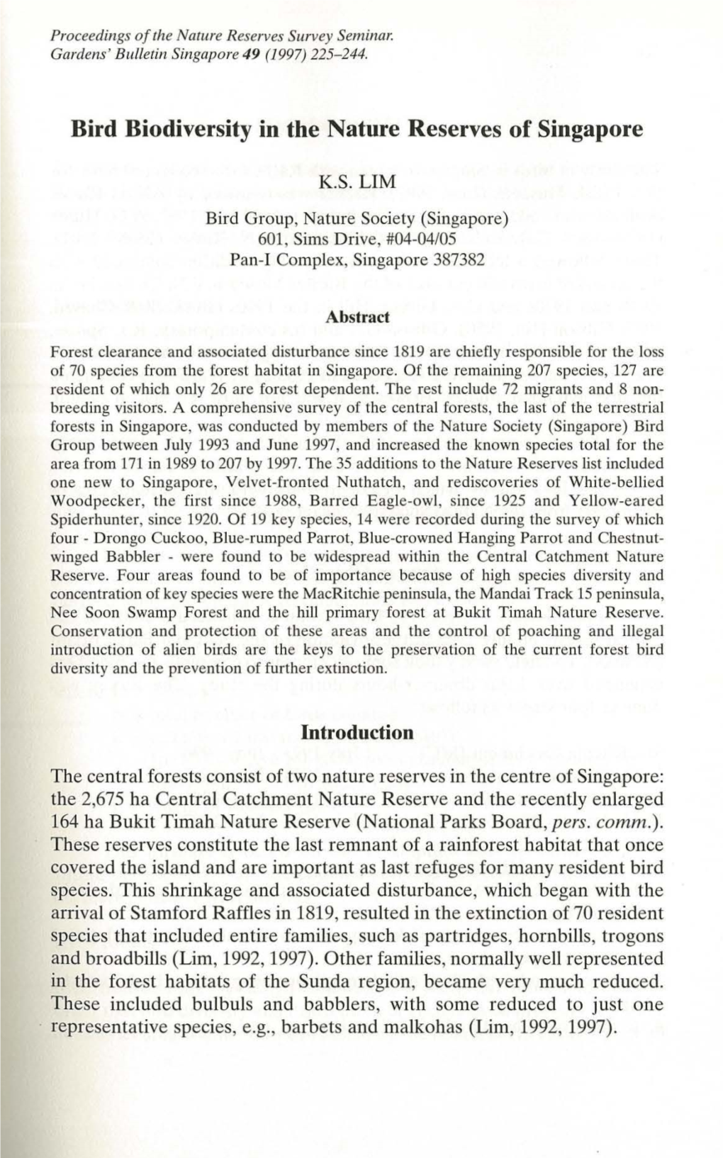 Bird Biodiversity in the Nature Reserves of Singapore