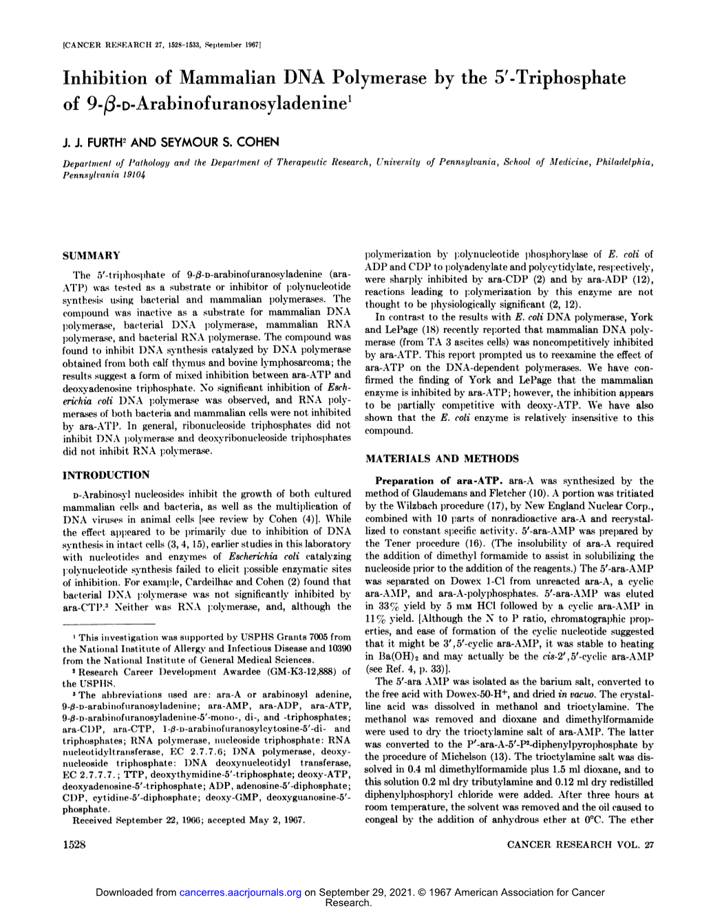 Inhibition of Mammalian DNA Polymerase by the 5'-Triphosphate of 9-Jo-D-Arabinofuranosyladenine1