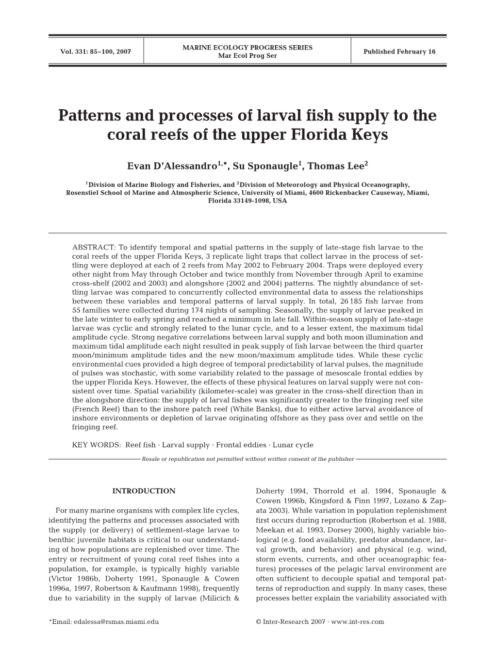 Patterns and Processes of Larval Fish Supply to the Coral Reefs of the Upper Florida Keys