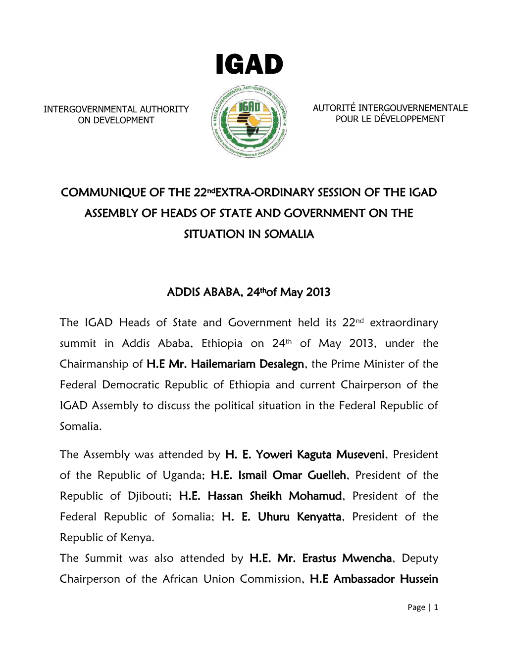 Communique of the 22Nd IGAD Extra-Ordinary Summit.Pdf