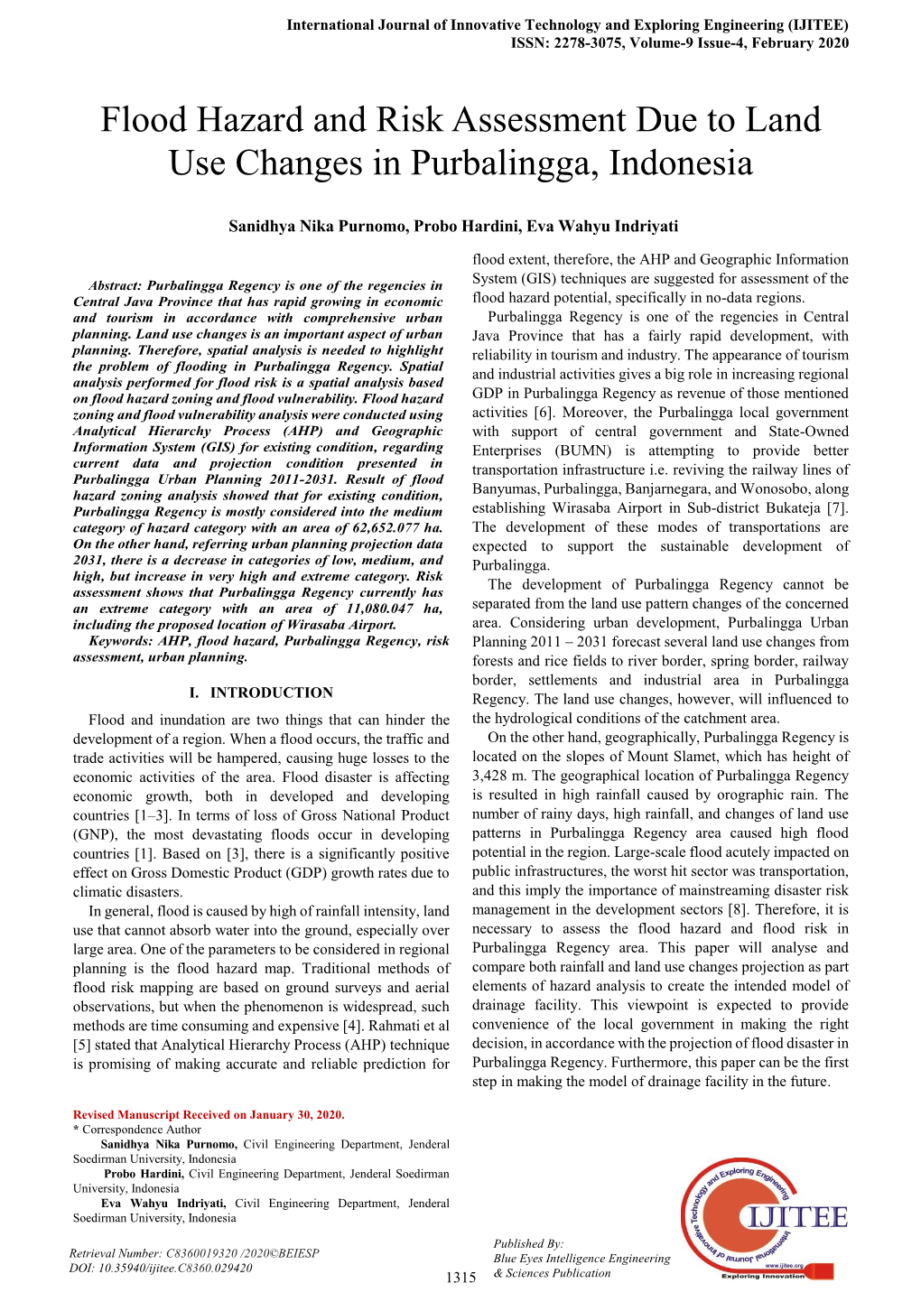 Flood Hazard and Risk Assessment Due to Land Use Changes in Purbalingga, Indonesia