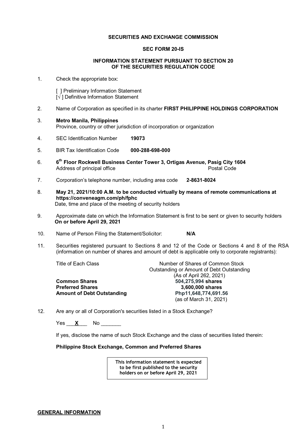 1 Securities and Exchange Commission Sec Form 20-Is