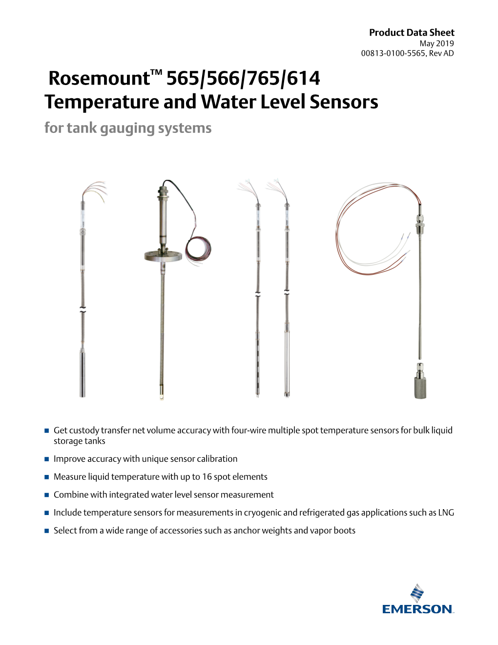 Rosemount™ 565/566/765/614 Temperature and Water Level Sensors for Tank Gauging Systems