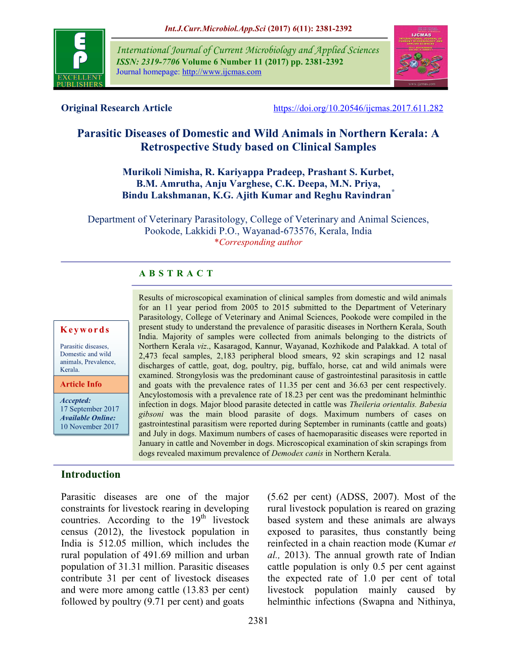 Parasitic Diseases of Domestic and Wild Animals in Northern Kerala: a Retrospective Study Based on Clinical Samples