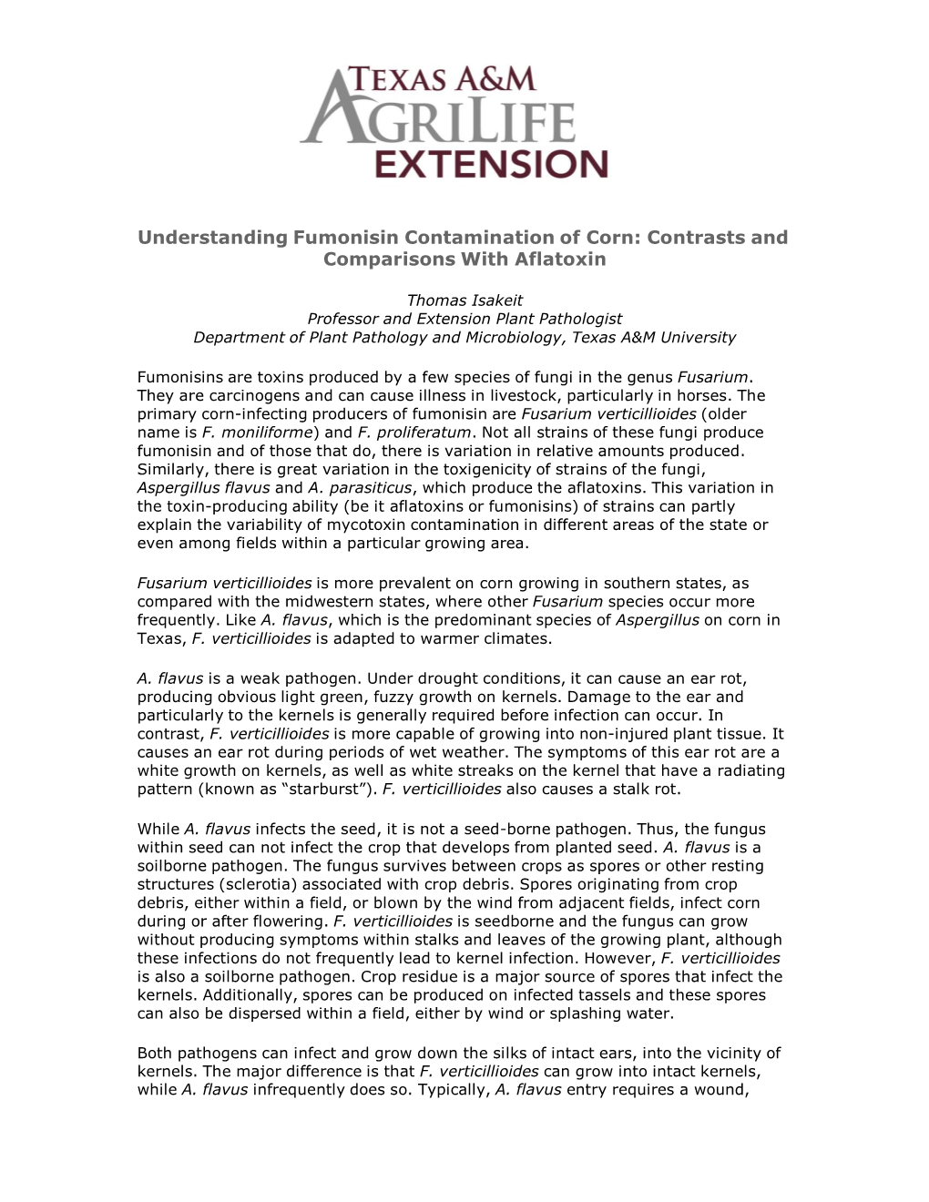 Understanding Fumonisin Contamination of Corn: Contrasts and Comparisons with Aflatoxin