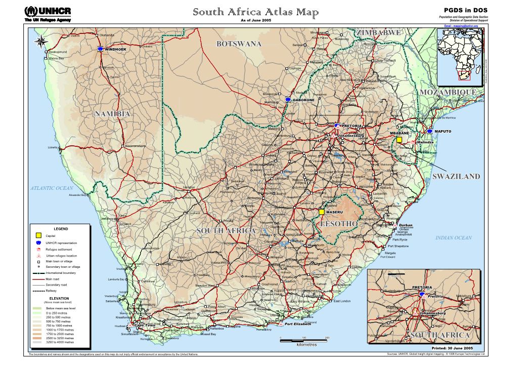 South Africa Atlas Map Population and Geographic Data Section As of June 2005 Division of Operational Support Email : Mapping@Unhcr.Org