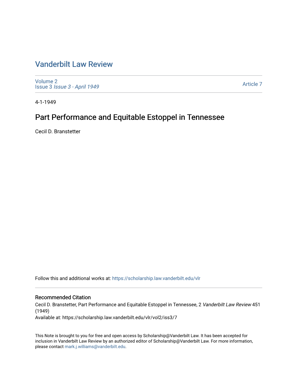 Part Performance and Equitable Estoppel in Tennessee