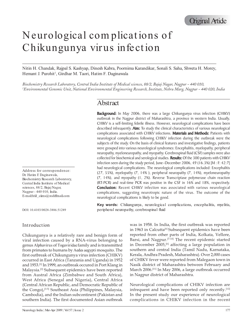 Neurological Complications of Chikungunya Virus Infection