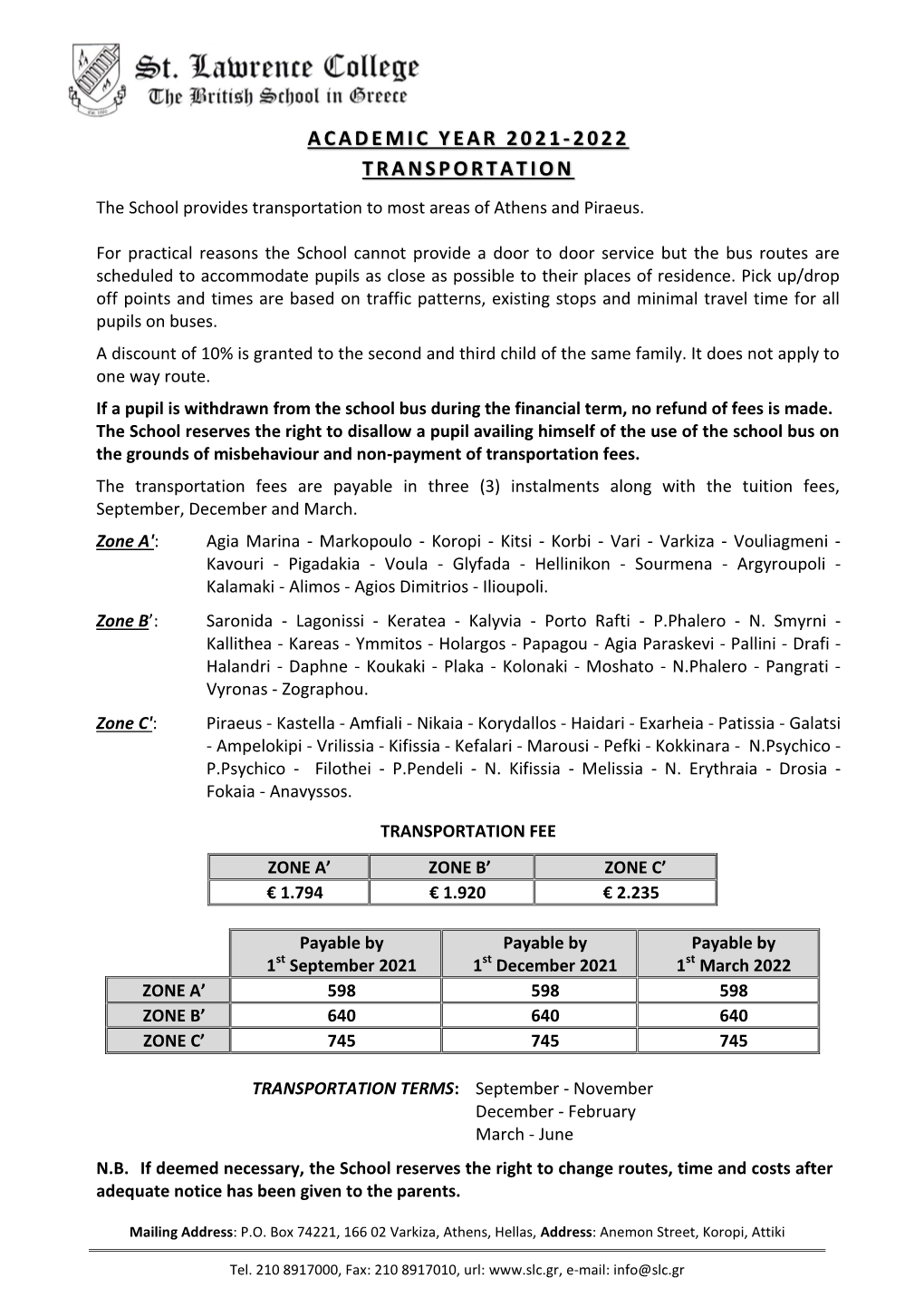 Academic Year 2021-2022 Transportation