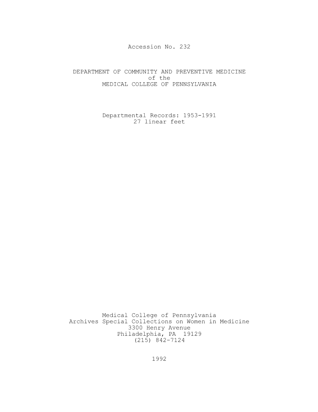 Accession No. 232 DEPARTMENT of COMMUNITY and PREVENTIVE