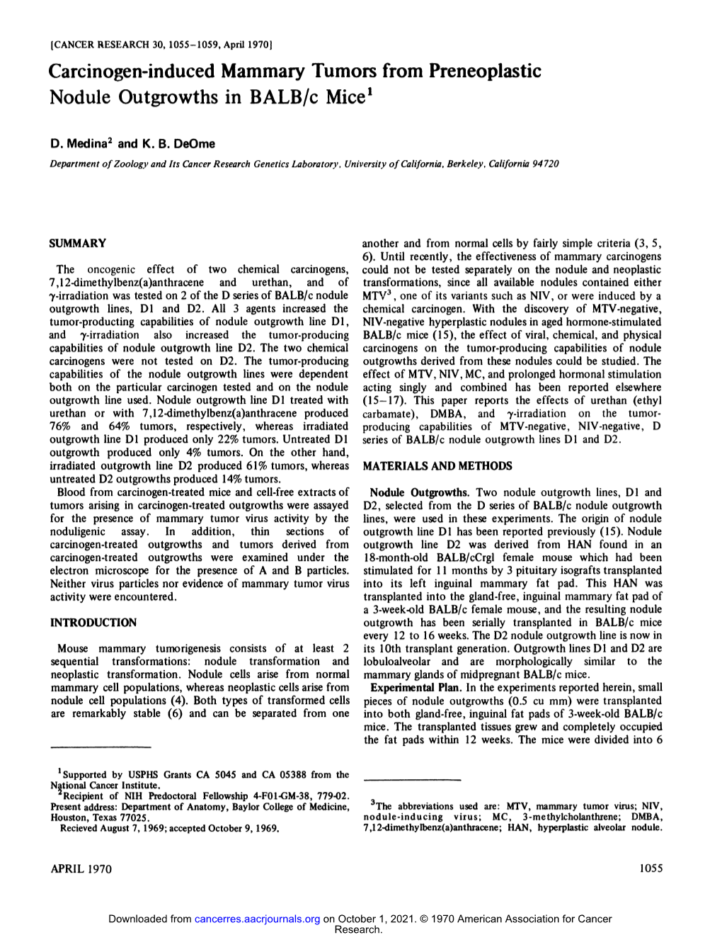 Carcinogen-Induced Mammary Tumors from Preneoplastic Nodule Outgrowths in BALB/C Mice'