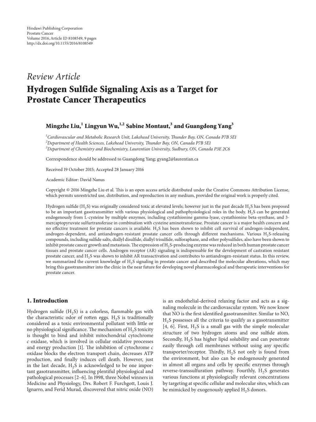 Review Article Hydrogen Sulfide Signaling Axis As a Target for Prostate Cancer Therapeutics