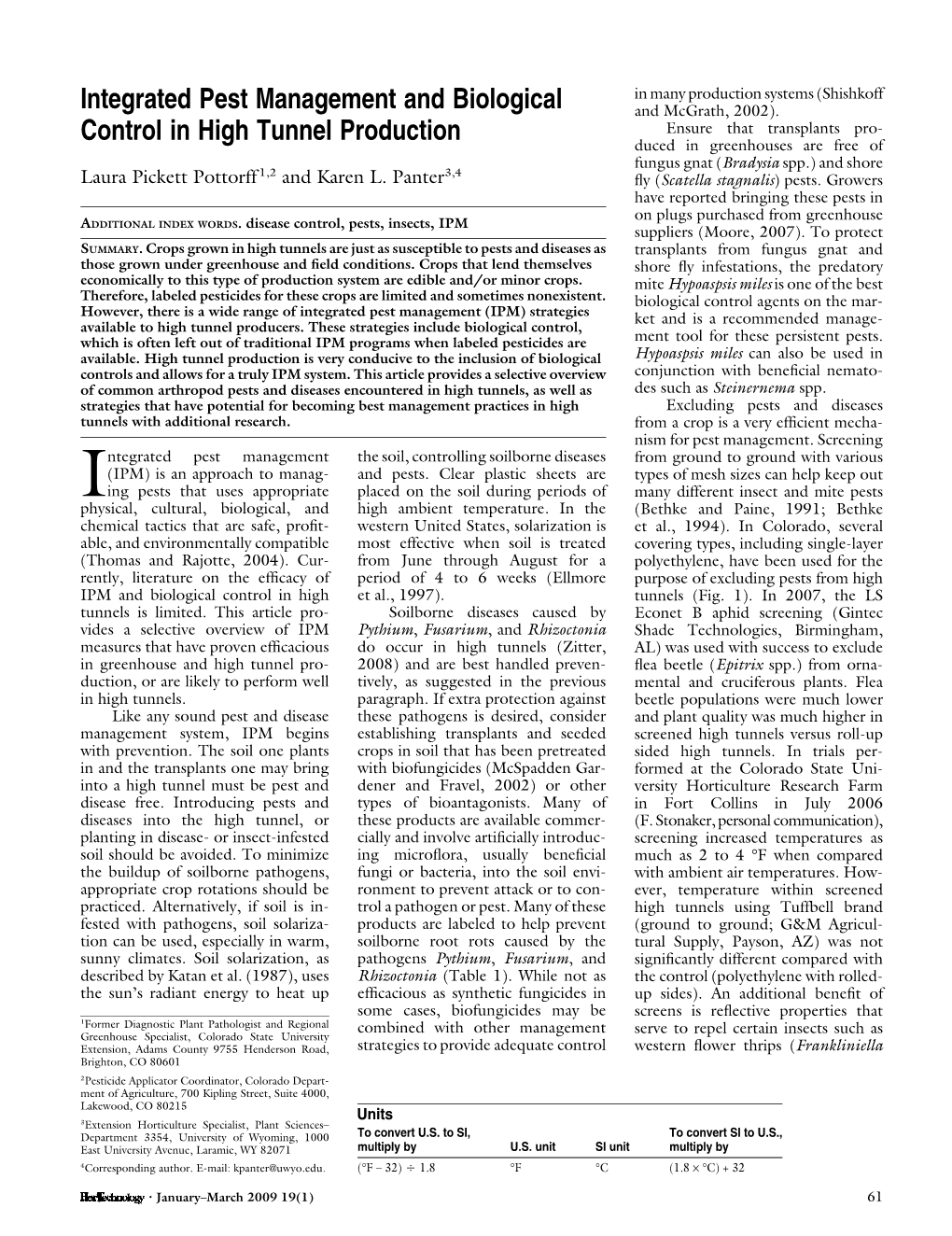 Integrated Pest Management and Biological Control in High Tunnel