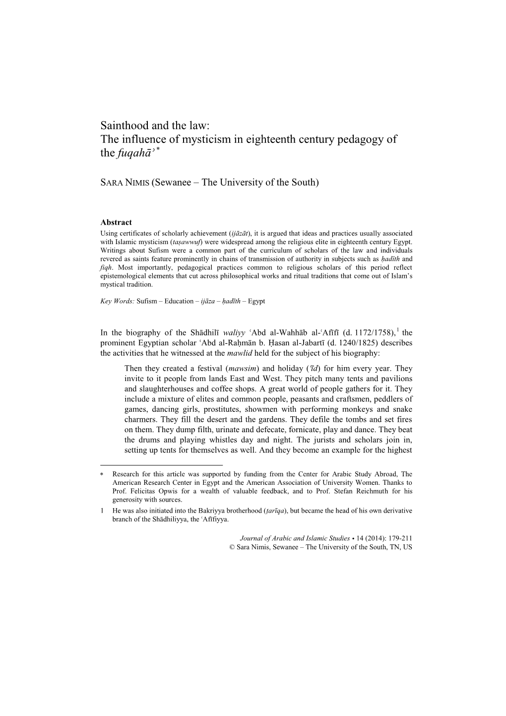 Sainthood and the Law: the Influence of Mysticism in Eighteenth Century Pedagogy of the Fuqahāʾ 