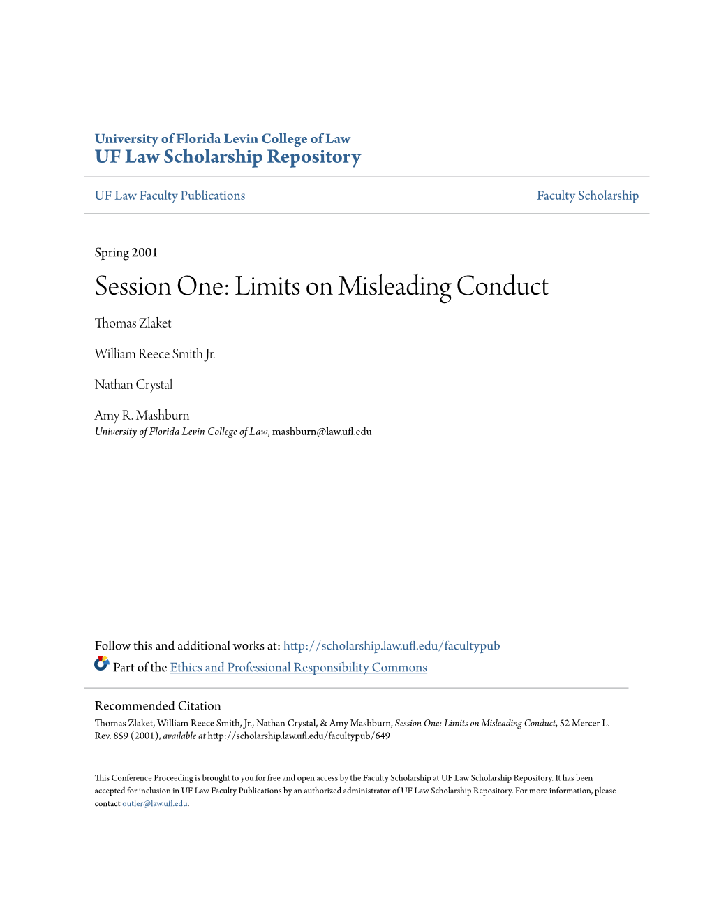 Session One: Limits on Misleading Conduct Thomas Zlaket