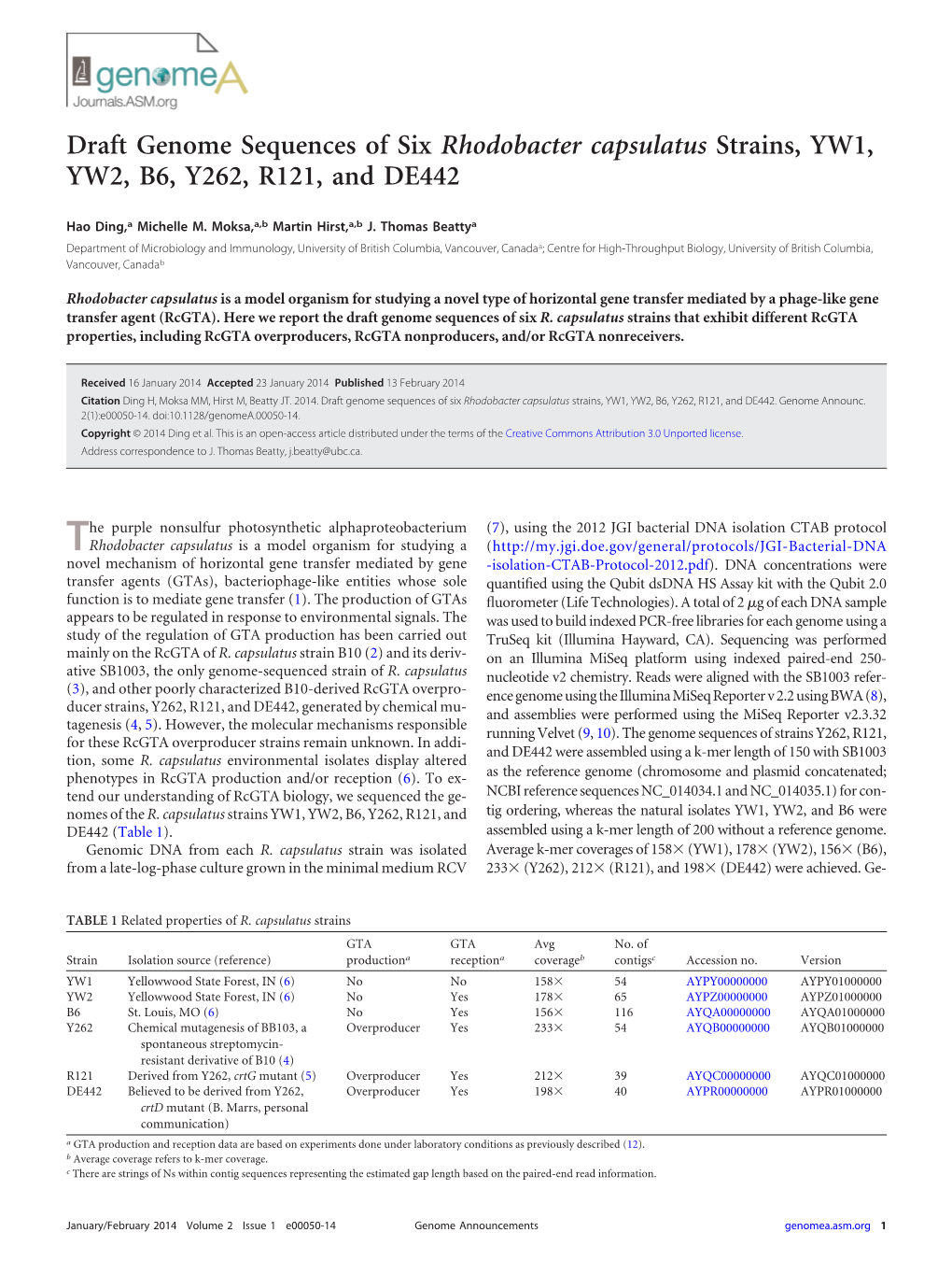 Draft Genome Sequences of Six Rhodobacter Capsulatus Strains, YW1, YW2, B6, Y262, R121, and DE442