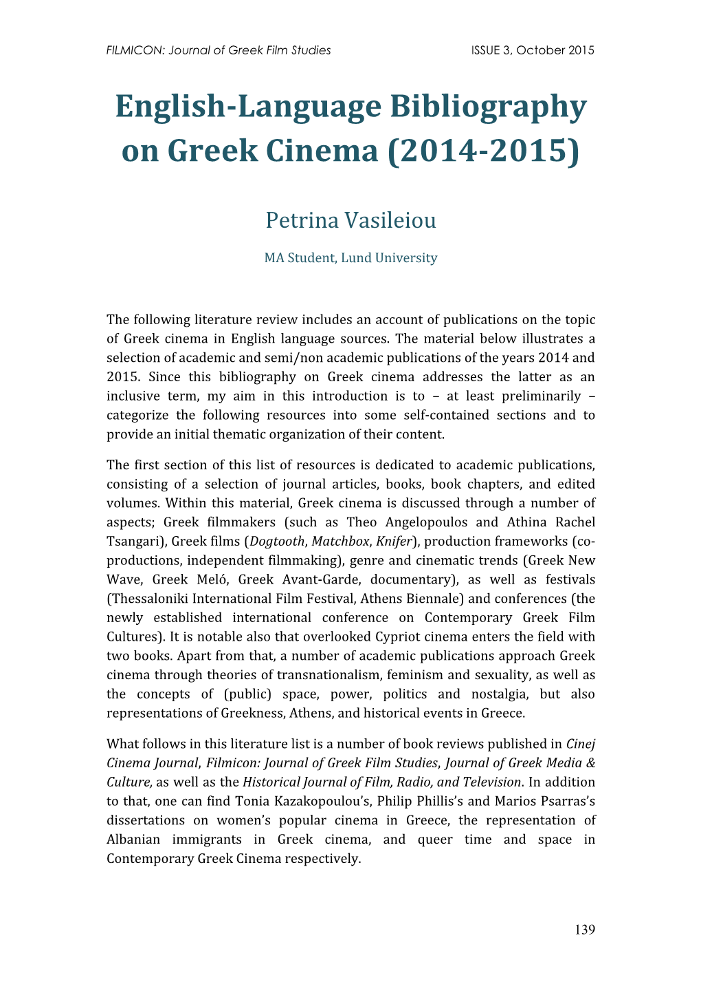 English-Language Bibliography on Greek Cinema (2014-2015)