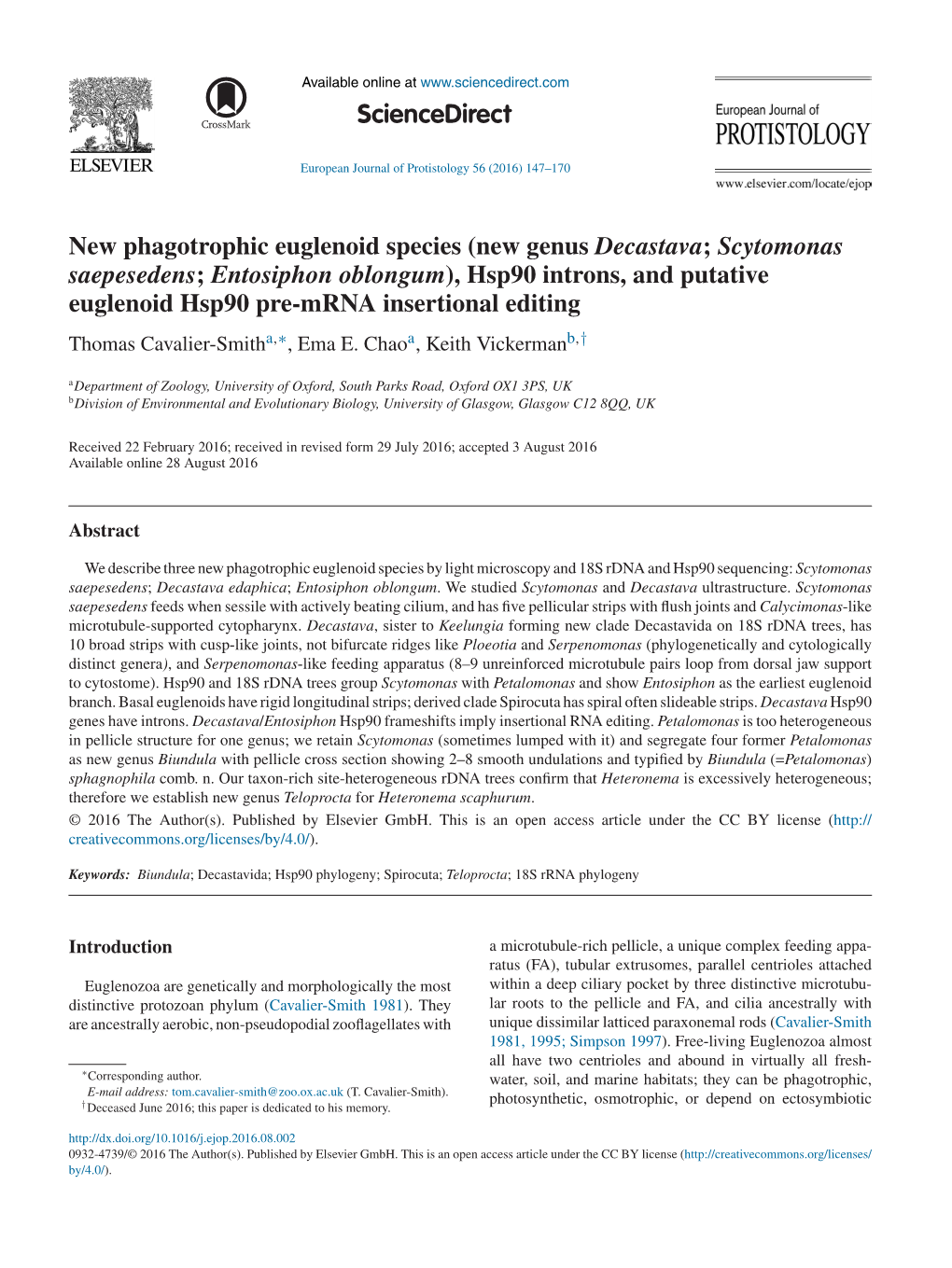New Phagotrophic Euglenoid Species (New Genus Decastava; Scytomonas
