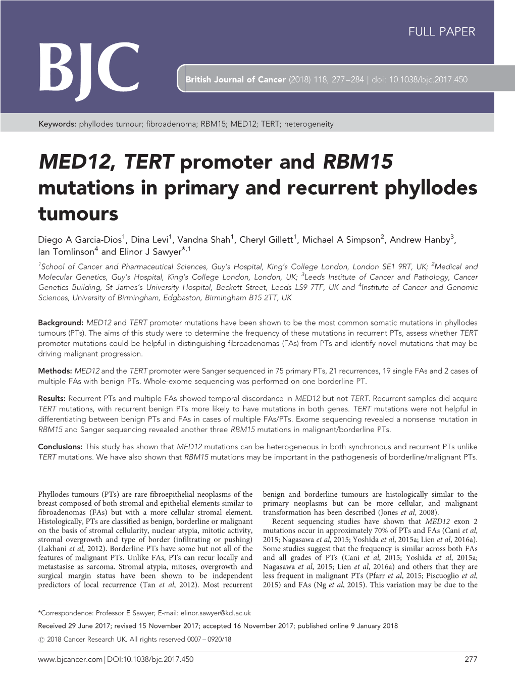 MED12, TERT Promoter and RBM15 Mutations in Primary and Recurrent Phyllodes Tumours