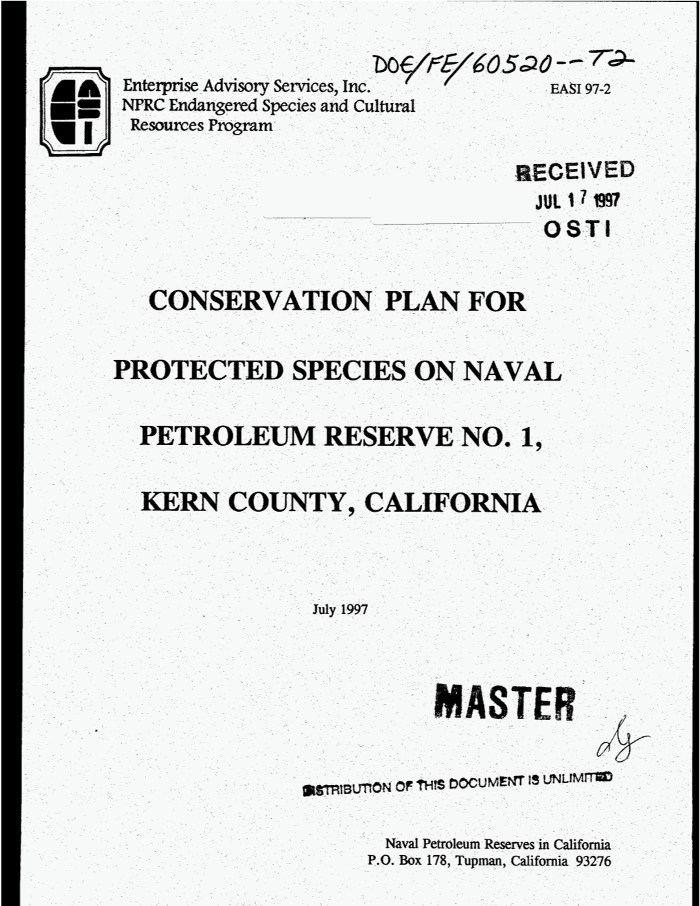 CONSERVATION PLAN for PROTE SPECIES on NAVAL PETROLEUM RESERVE NO. 1, KERN Corn CALIF