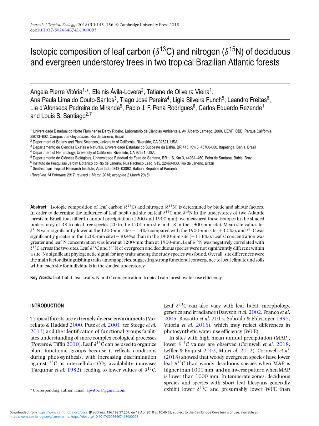 Isotopic Composition of Leaf Carbon (Δ13c) and Nitrogen (Δ15n) of Deciduous and Evergreen Understorey Trees in Two Tropical Brazilian Atlantic Forests