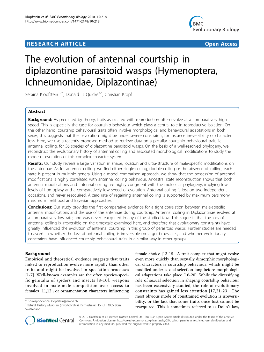 The Evolution of Antennal Courtship in Diplazontine Parasitoid Wasps