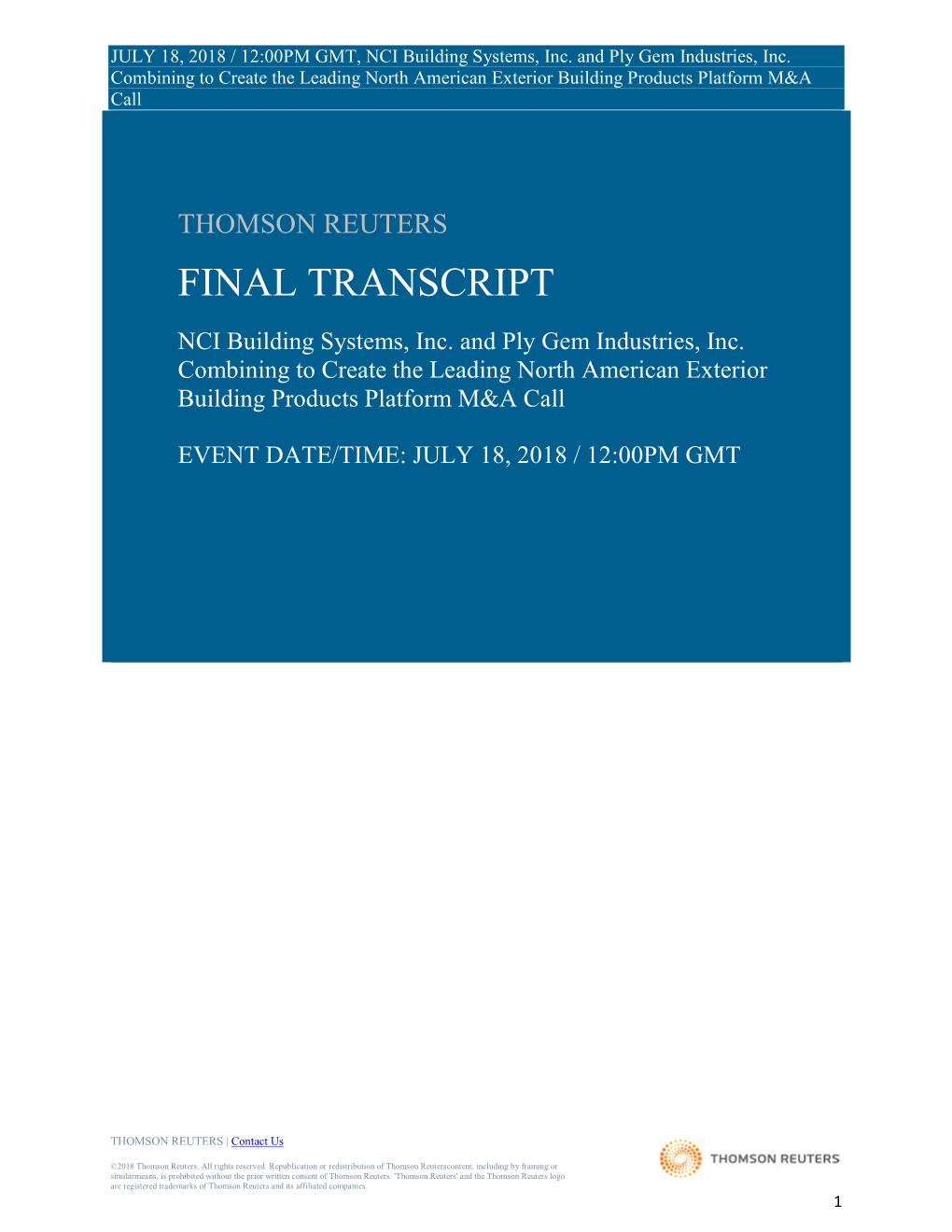 FINAL TRANSCRIPT NCI Building Systems, Inc