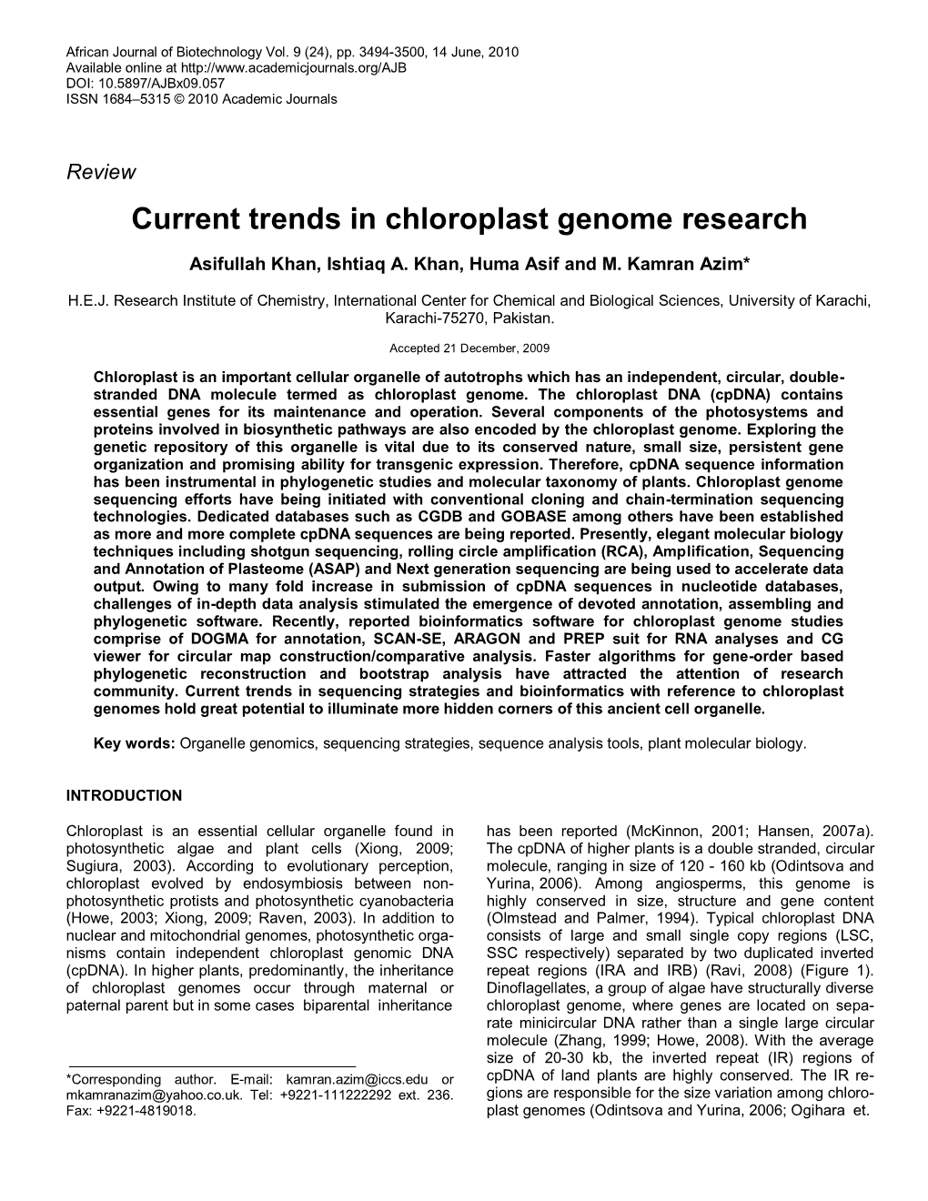 Current Trends in Chloroplast Genome Research