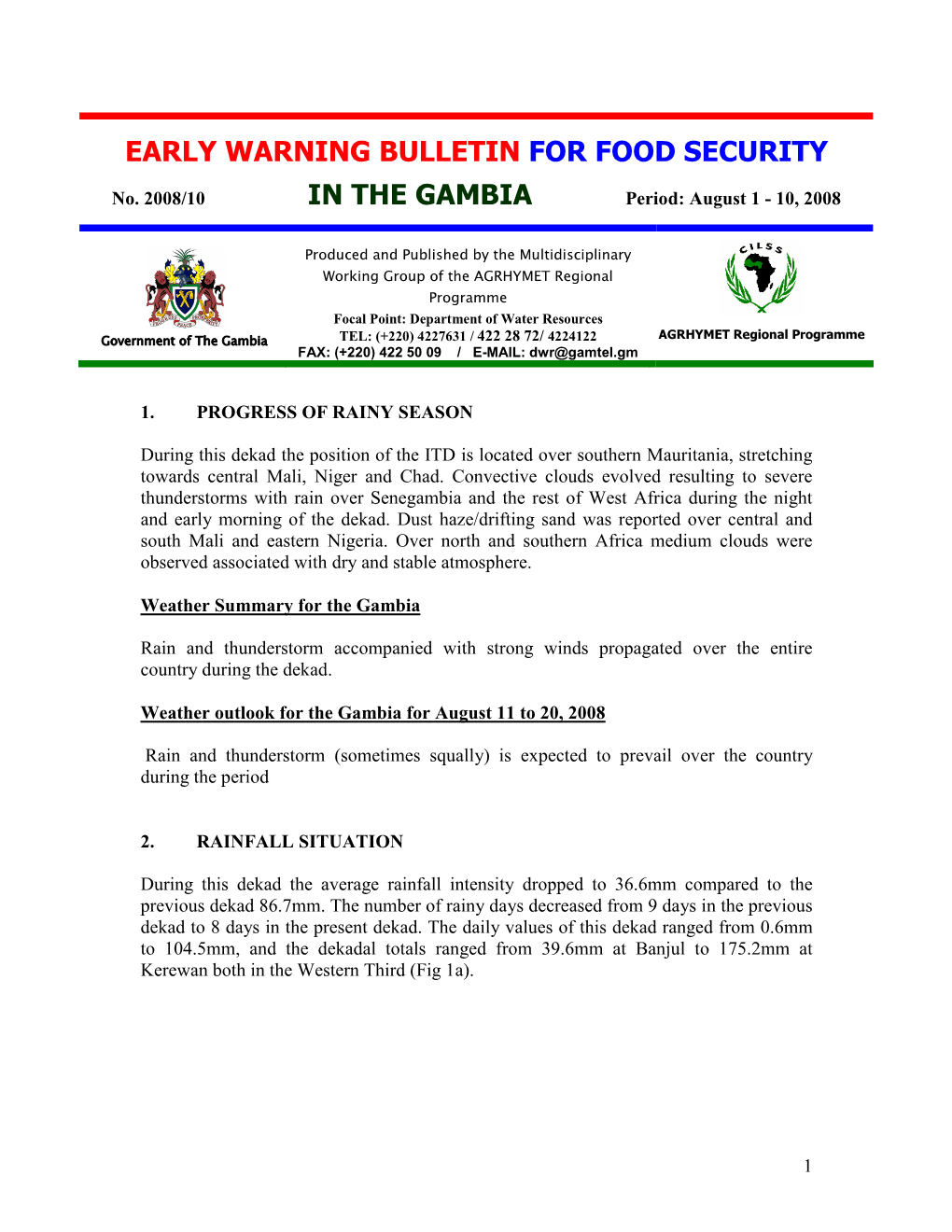 Early Warning Bulletin for Food Security in the Gambia