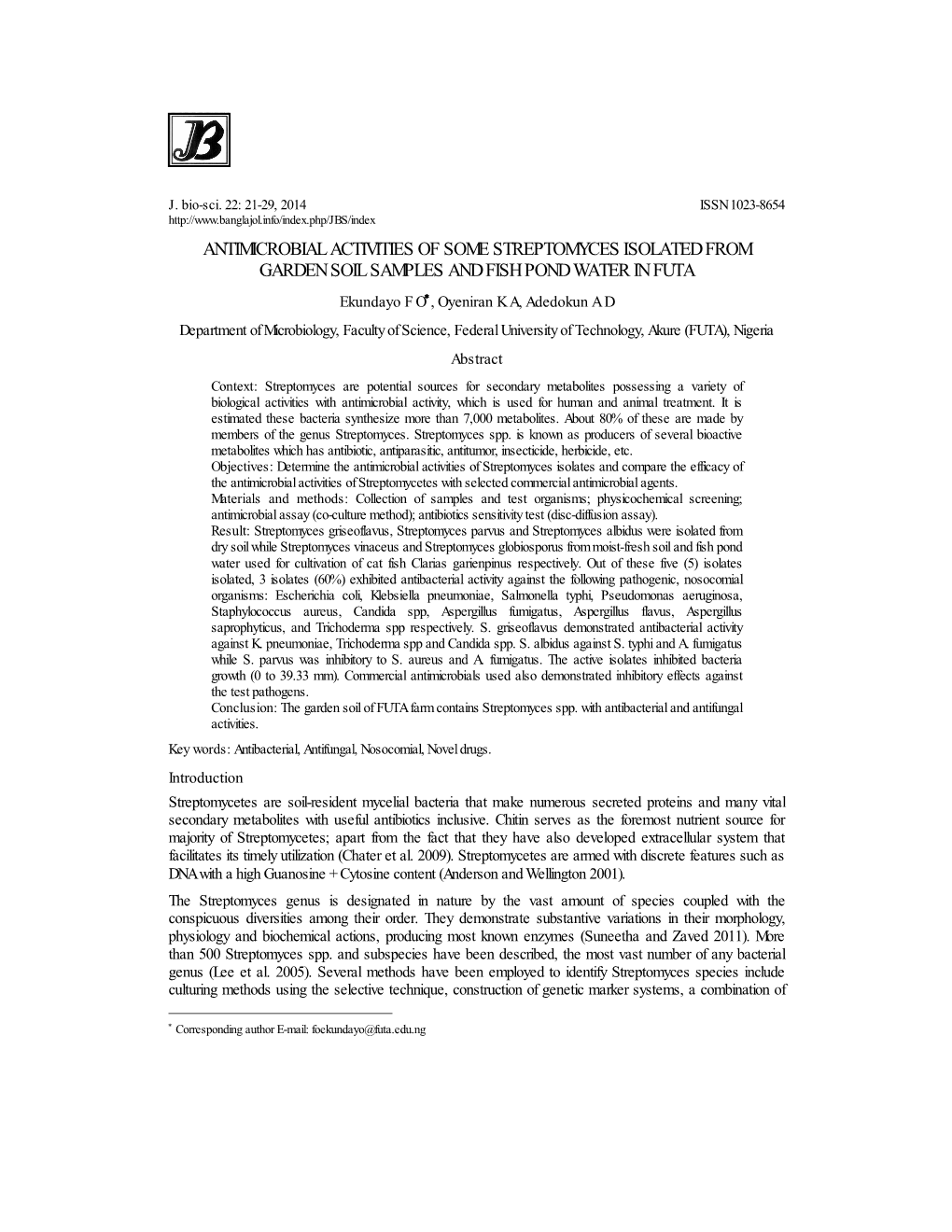 Antimicrobial Activities of Some Streptomyces Isolated from Garden Soil Samples and Fish Pond Water in Futa