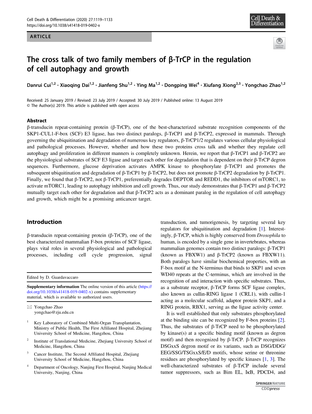 The Cross Talk of Two Family Members of Β-Trcp in the Regulation of Cell Autophagy and Growth