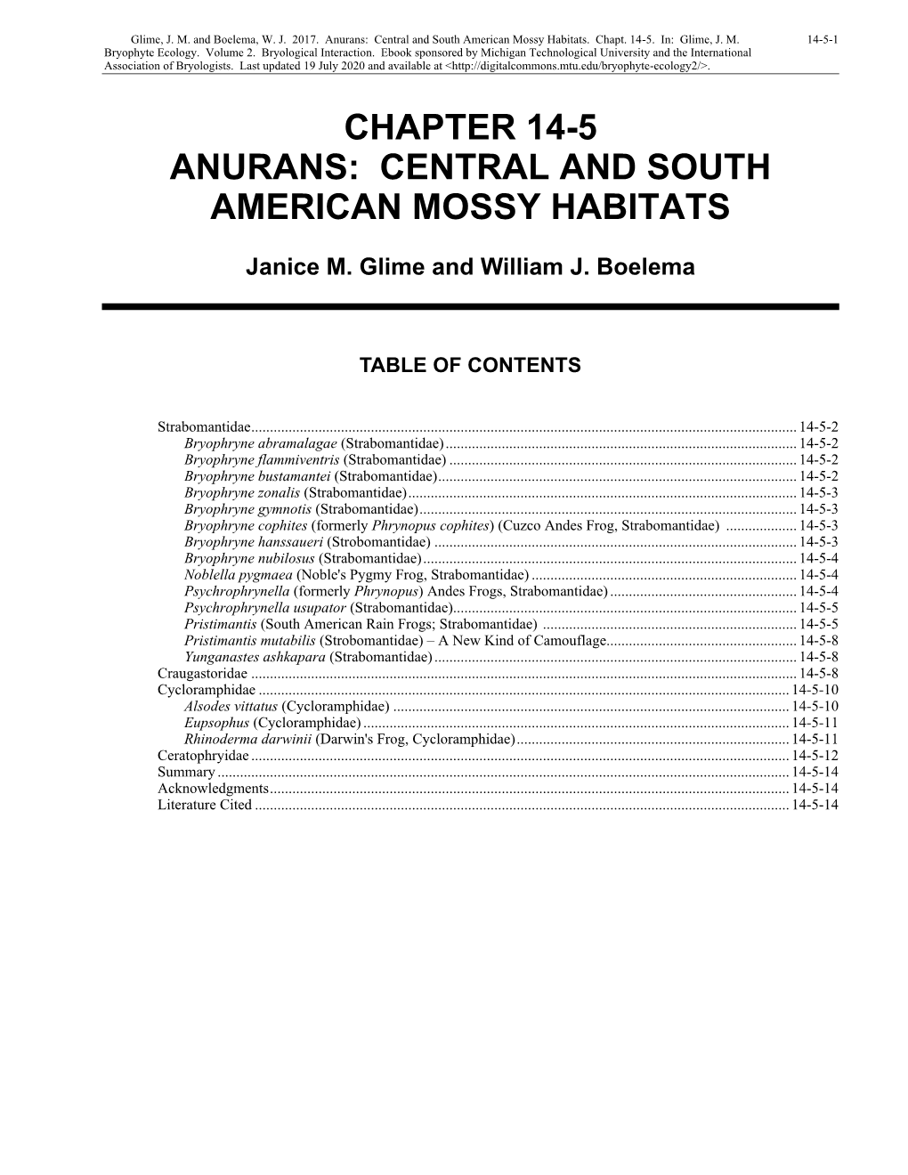 Volume 2, Chapter 14-5: Anurans: Central and South American Mossy Habitats