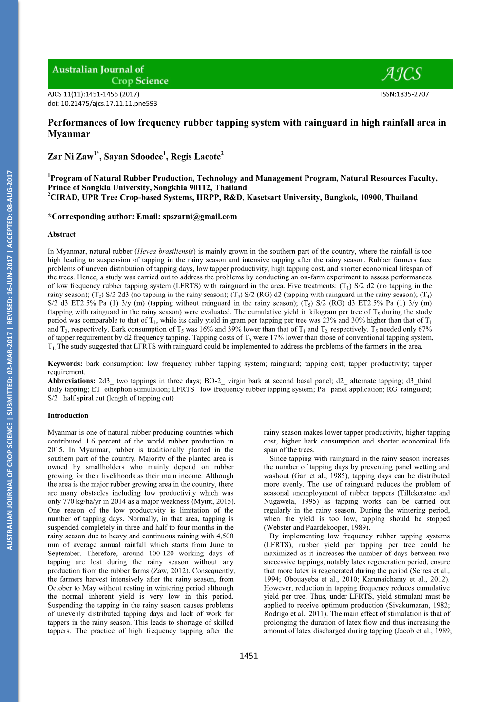 Performances of Low Frequency Rubber Tapping System with Rainguard in High Rainfall Area in Myanmar